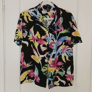F21 men tropical rainbow floral button up short sleeve shirt L